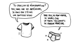 Dessin de Cuzo représentant un slip et un t-shirt discutant de la réincarnation