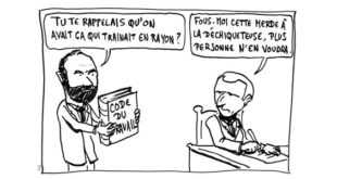 Caricature d'Emmanuel Macron et Édouard Phillipe se foutant du Code du travail