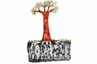 Illustration symbolique montrant un arbre à l'écorce rouge vibrant, enraciné dans un sol montrant des couches géologiques, symbolisant la lutte pour la préservation des terres agricoles contre l'expansion industrielle à Égletons.