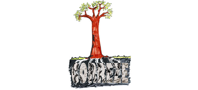 Illustration symbolique montrant un arbre à l'écorce rouge vibrant, enraciné dans un sol montrant des couches géologiques, symbolisant la lutte pour la préservation des terres agricoles contre l'expansion industrielle à Égletons.