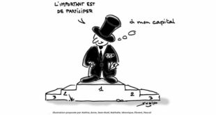 Illustration de Scalp : Un homme en haut-de-forme, portant des insignes olympiques, se tient sur un podium. Il pense "L'important est de participer... à mon capital". Cette image critique la commercialisation du sport et l'inégalité dans les compétitions.