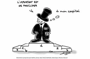 Illustration de Scalp : Un homme en haut-de-forme, portant des insignes olympiques, se tient sur un podium. Il pense "L'important est de participer... à mon capital". Cette image critique la commercialisation du sport et l'inégalité dans les compétitions.
