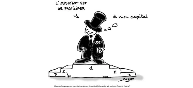 Illustration de Scalp : Un homme en haut-de-forme, portant des insignes olympiques, se tient sur un podium. Il pense "L'important est de participer... à mon capital". Cette image critique la commercialisation du sport et l'inégalité dans les compétitions.