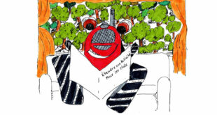 Illustration humoristique d'un robot rouge lisant un manuel intitulé "Étendre son activité pour les nuls", entouré de végétation, reflétant les enjeux de l'extension controversée de FargesBois et les préoccupations écologiques.