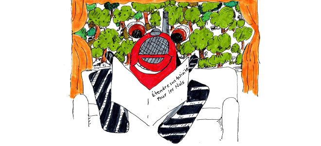 Illustration humoristique d'un robot rouge lisant un manuel intitulé "Étendre son activité pour les nuls", entouré de végétation, reflétant les enjeux de l'extension controversée de FargesBois et les préoccupations écologiques.