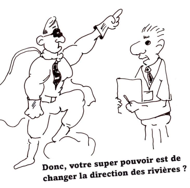 Dessin humoristique montrant un super-héros discutant avec un bureaucrate. Le super-héros, avec une pose héroïque, dit : "Donc, votre super pouvoir est de changer la direction des rivières ?". L'image illustre de manière satirique les défis et les absurdités liées à la gestion des cours d'eau en Corrèze.