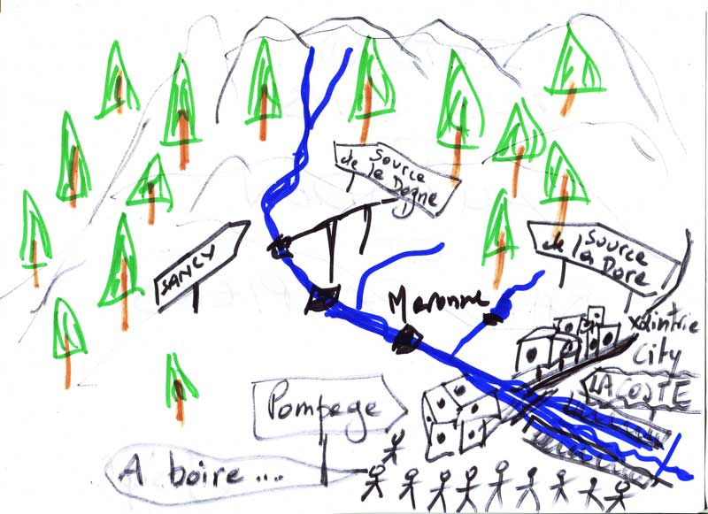 Dessin humoristique représentant la gestion de l'eau en Corrèze. Le schéma montre des sources d'eau (Doge, Dore) se rejoignant pour alimenter la ville de Xaintrie City, avec des étiquettes indiquant "pompage" et "à boire". L'image illustre de manière satirique les défis de la gestion de l'eau, en lien avec les problématiques abordées dans l'article, notamment la complexité des systèmes d'approvisionnement et de distribution d'eau.