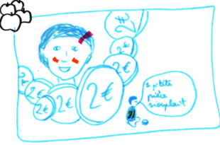 Dessin d'un enfant entouré de nombreuses pièces de 2 €, avec un SDF à côté disant "1 petite pièce s'il vous plaît", illustrant la critique de la distribution de pièces des JO dans un contexte de précarité.