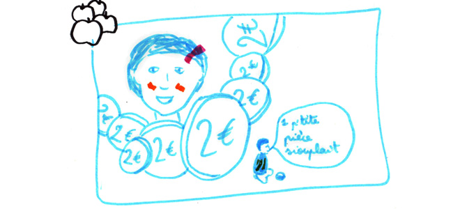 Dessin d'un enfant entouré de nombreuses pièces de 2 €, avec un SDF à côté disant "1 petite pièce s'il vous plaît", illustrant la critique de la distribution de pièces des JO dans un contexte de précarité.