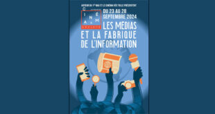 Affiche des Rencontres Cinéma et Société 2024 sur le thème "Les Médias et la Fabrique de l'Information", qui se dérouleront du 23 au 28 septembre. L'illustration montre des mains tenant divers outils médiatiques comme un journal, un micro, un smartphone et une caméra, symbolisant les différents canaux d'information.