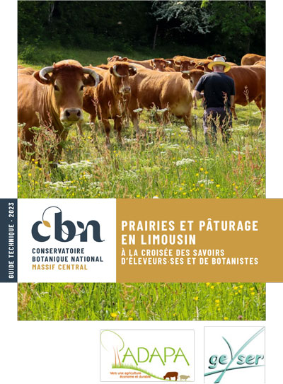 Couverture du guide "Prairies et pâturage en Limousin", publié par le Conservatoire botanique national du Massif central, présentant des éleveurs avec leurs troupeaux dans une prairie, reflétant la collaboration entre savoirs paysans et scientifiques. PDF disponible en lien.