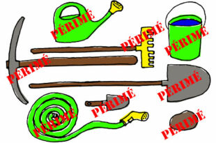 Illustration d'outils agricoles marqués "Périmé", symbolisant la perte de la capacité professionnelle agricole pour certains diplômés, comme Camille, à la suite d'un arrêté de 2022, compliquant leur accès à l'exploitation des terres.