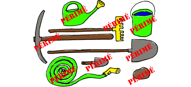 Illustration d'outils agricoles marqués "Périmé", symbolisant la perte de la capacité professionnelle agricole pour certains diplômés, comme Camille, à la suite d'un arrêté de 2022, compliquant leur accès à l'exploitation des terres.