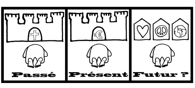 Illustration représentant l'évolution du lien social : le passé symbolisé par la religion (croix), le présent dominé par l'argent (euro), et le futur, incertain, pourrait être fondé sur des valeurs de cœur, de paix et de respect de la planète.