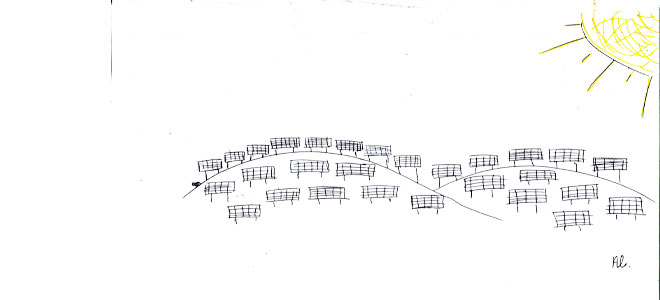 Dessin représentant des panneaux solaires installés sur des collines sous un soleil éclatant, illustrant le débat autour de l'agrivoltaïsme et ses impacts sur les terres agricoles évoqués dans l'article.