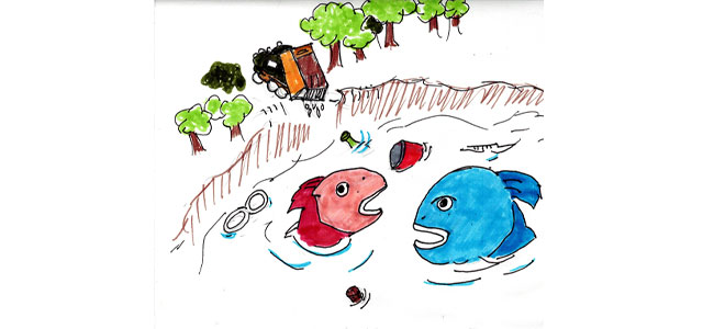 Dessin humoristique illustrant deux poissons dans une rivière polluée, entourés de détritus et de produits chimiques. En arrière-plan, un camion renverse des substances dans l’eau, symbolisant la pollution industrielle de la Montane.