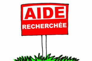 Panneau rouge avec l'inscription "Aide recherchée" planté dans l'herbe, symbolisant le besoin de soutien et de solidarité pour les éleveurs en difficulté, comme Agathe de la ferme de Nouillane, face aux défis des arrêts forcés et au manque de remplaçants dans le secteur agricole.