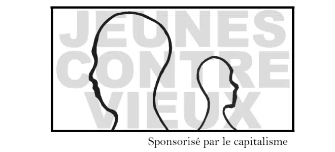 Illustration représentant le conflit intergénérationnel opposant les jeunes et les anciens, exacerbé par les mécanismes du capitalisme qui divisent pour mieux régner.