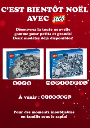 Publicité fictive et satirique présentant des boîtes LEGO "City War" avec des thèmes de destruction, associées aux villes de Gaza, Marioupol, et Beyrouth, dénonçant l'absurdité et la banalisation des tragédies humaines.