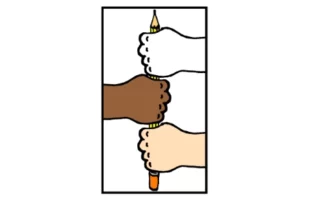 Illustration de trois mains de couleurs différentes unies en tenant un crayon, symbolisant la solidarité, la diversité et la défense des libertés associatives contre les répressions étatiques en Corrèze.