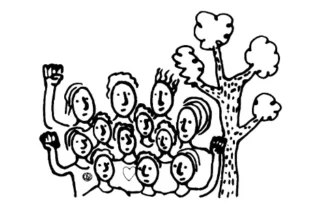 Illustration représentant un collectif solidaire autour d’un arbre, symbolisant l’accueil et les initiatives de l’association M.A.S sur le plateau.