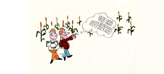 Deux promoteurs en casques de chantier traversent un champ de maïs, imaginant des panneaux solaires à la place des cultures. Illustration satirique des projets agrivoltaïques menaçant les terres agricoles sur le plateau de Millevaches.