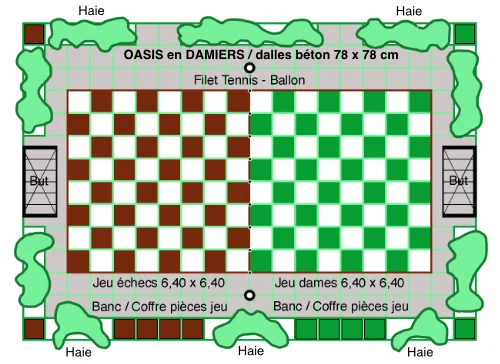 Oasis en Damiers – Un square végétalisé au lycée Caraminot, offrant des espaces ludiques et sportifs : échecs, dames, tennis-ballon, détente.