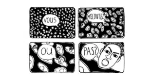 Illustration en noir et blanc représentant une séquence de communication avec la phrase « Vous m’écoutez ou pas ? ». L’image questionne l’écoute, la transmission des messages et l’attention portée aux voix qui s’élèvent. Un visuel percutant qui interroge notre rapport à l’écoute et à la parole collective.