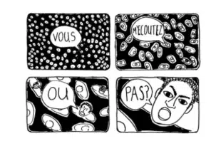 Illustration en noir et blanc représentant une séquence de communication avec la phrase « Vous m’écoutez ou pas ? ». L’image questionne l’écoute, la transmission des messages et l’attention portée aux voix qui s’élèvent. Un visuel percutant qui interroge notre rapport à l’écoute et à la parole collective.