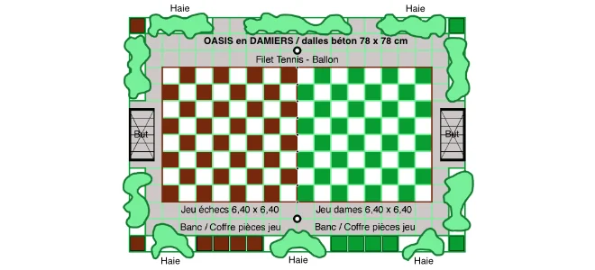 Oasis en Damiers – Un espace extérieur polyvalent avec jeux d’échecs et de dames géants, terrain de tennis-ballon et bancs-coffres pour les pièces de jeu.