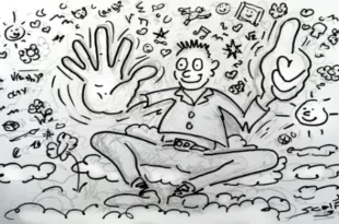Dessin en noir et blanc représentant une figure souriante assise en tailleur sur des nuages, les mains grandes ouvertes, l’une avec cinq doigts levés, l’autre pointant vers le ciel. Autour du personnage flottent des symboles de rêverie, d’imagination et de bien-être : fleurs, soleils, cœurs, notes de musique, symboles mathématiques et visages souriants. Une illustration onirique qui évoque le calme retrouvé, l’inspiration et la résilience mentale, en lien avec un récit poétique de renaissance après une tempête intérieure.