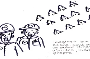 Dessin humoristique représentant deux ouvriers forestiers face à une plantation de sapins en rangs serrés. L’un dit à l’autre : « Imaginez que dans 25 ans, nous aurons une autre forêt à abattre, mais plus propre. » Le dessin critique la logique industrielle de replantation à court terme au détriment de la biodiversité naturelle.
