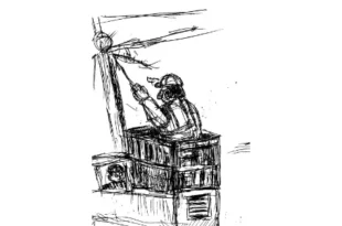 Dessin en noir et blanc représentant un ouvrier ferroviaire dans une nacelle réparant une caténaire gelée, symbole de la vétusté du réseau SNCF et de l’abandon des moyens d’entretien hivernal, en lien avec les retards récurrents sur les lignes comme le POLT.