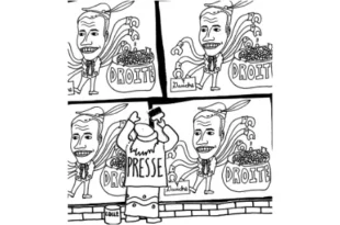 Caricature d’un homme politique affiché à plusieurs reprises sur un mur, tenant un panier « Gauche » mais piochant avec ses multiples bras dans un sac géant marqué « Droite ». Un personnage vêtu d’un manteau où est inscrit « Presse » colle l’affiche avec un pinceau, illustrant une critique de la représentation médiatique du pouvoir.