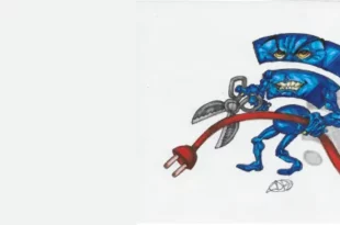 Illustration d’un personnage anthropomorphe menaçant, en forme de symbole Wi-Fi bleu, tenant un câble rouge qu’il s’apprête à couper avec une énorme paire de ciseaux. L’image exprime la tension autour de la fin du réseau cuivre et la transition forcée vers la fibre optique, thème central de l’article sur Ilico, fournisseur Internet associatif en Corrèze.