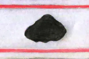 Illustration d’une pierre noire au centre d’un rectangle aux contours rouges, symbolisant une pierre levée ou menhir isolé au cœur d’un cadre, écho visuel à l’article sur les pierres dressées et leur mémoire silencieuse en Corrèze.
