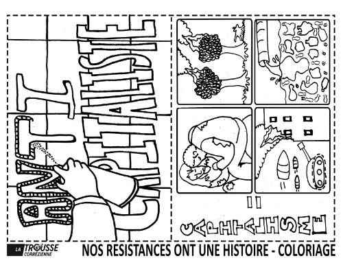 Coloriage opposant un poing anticapitaliste au mot “capitalisme”, accompagné de quatre vignettes illustrant ses ravages : déforestation, pollution, guerre, uniformisation des villes.