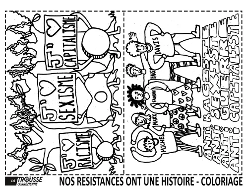Coloriage représentant une marche festive avec slogans détournés comme “J’aime le sexisme” ou “J’aime le racisme”, retournés par un groupe uni portant des messages de lutte et des noms de figures militantes comme Angela Davis et Michel Foucault.