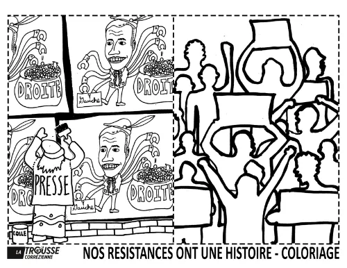 Illustration à colorier satirique représentant un homme politique jonglant entre “droite” et “gauche” et un personnage étiqueté “presse” qui colle une affiche.