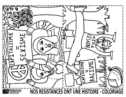 Coloriage représentant des femmes portant des pancartes “capitalisme = sexisme” et “capitalisme = racisme”, aux côtés d’un enfant brandissant une banderole “Aimé Césaire”.
