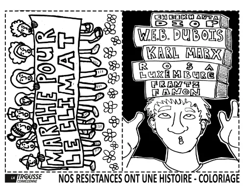 Coloriage représentant une marche pour le climat menée par des enfants, aux côtés d’un personnage brandissant une pile de livres signés Diop, Marx, Fanon, Dubois et Luxemburg.