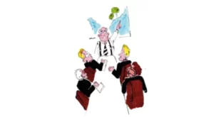 Dessin humoristique représentant une réunion d'hommes en costume autour du projet de transfert d'eau Corrèze-Charente.