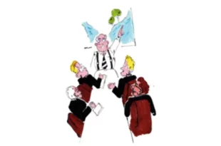 Dessin humoristique représentant une réunion d'hommes en costume autour du projet de transfert d'eau Corrèze-Charente.