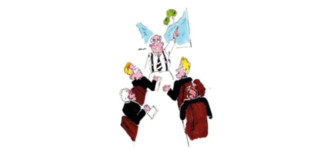 Dessin humoristique représentant une réunion d'hommes en costume autour du projet de transfert d'eau Corrèze-Charente.