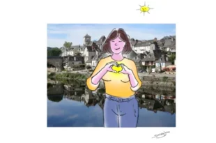 Illustration d’une femme souriante tenant un cœur lumineux devant la ville d’Argentat-sur-Dordogne, symbole d’écoute, de solidarité et de soutien aux femmes.