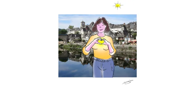 Illustration d’une femme souriante tenant un cœur lumineux devant la ville d’Argentat-sur-Dordogne, symbole d’écoute, de solidarité et de soutien aux femmes.