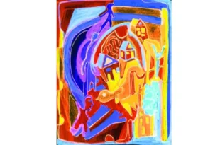 Peinture abstraite et colorée représentant des maisons, des silhouettes humaines et un oiseau, symbolisant la rénovation urbaine, l’habitat et le vivre-ensemble.