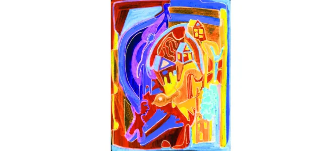 Peinture abstraite et colorée représentant des maisons, des silhouettes humaines et un oiseau, symbolisant la rénovation urbaine, l’habitat et le vivre-ensemble.