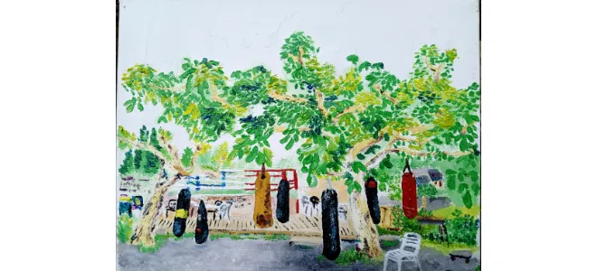 Peinture colorée représentant une scène de boxe en plein air à La Roche-Canillac, avec des sacs suspendus aux arbres sous un feuillage verdoyant.