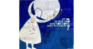Affiche artistique bleue représentant une silhouette humaine remplie de dessins d’enfants avec la question : « Et toi, tu veux quoi dans ton corps, dans ta planète ? ».